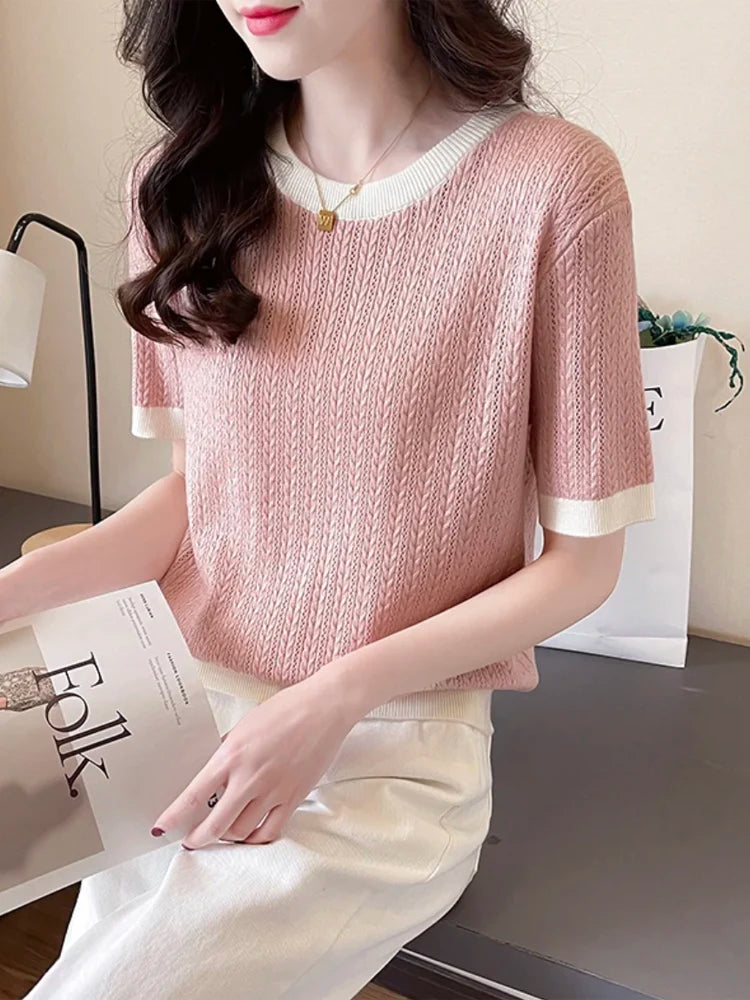 Summer New Women Cool Silk Short-sleeved Tees O-Neck Fashion Color Matching Twists T-shirt Loose Half-sleeved All-match Top