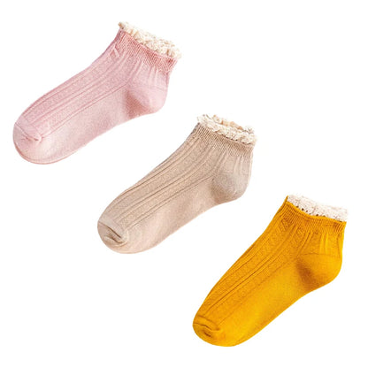 3 Pairs Fashion Lace Ruffles Soft Cotton Women Socks Solid Spring Summer Cute Sweet Princess Girl Cozy Lovely Frilled Socks