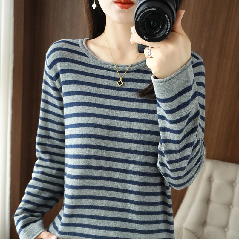 Women 100% Cotton Sweater Curled O-neck Strip Pullover Autumn Winter Casual Knit Clothing Fashion Soft Bottoming Sweater Tops