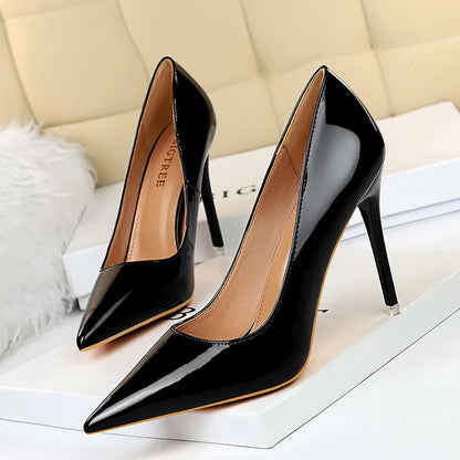 Women 7.5cm 10.5cm High Heels Wedding Bridal Classic Pumps Lady Scarpins Metallic Leather Low Heels Stiletto Nude Office Shoes