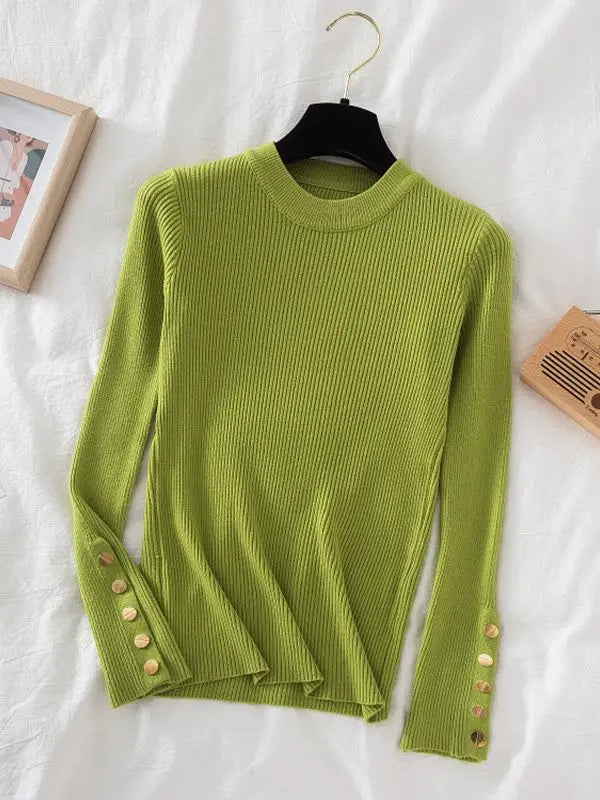 2024 women thick sweater pullovers khaki casual autumn winter button o-neck chic sweater female slim knit top soft jumper tops