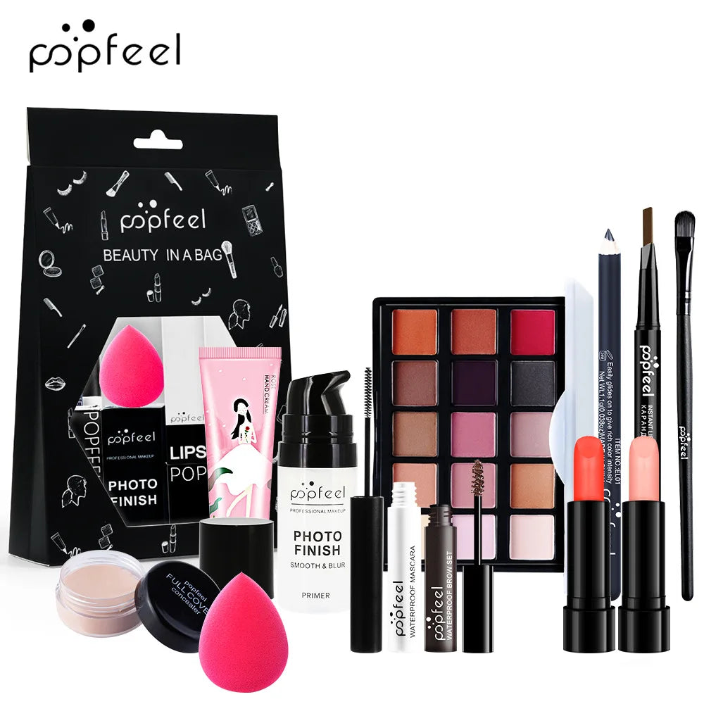 POPFEEL Makeup Full Kit Female Make Up Set Eye Shadow Eyeshadow Palette Lip Gloss Mascara Eyeliner Brushes Bag Make-up for Women