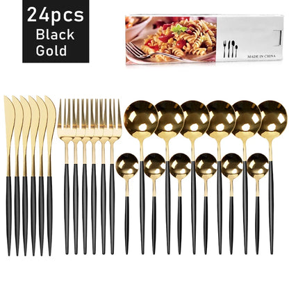 24pcs Gold Dinnerware Set Stainless Steel Tableware Set Knife Fork Spoon Flatware Set Cutlery Set Knife Fork Spoon Tea Spoon