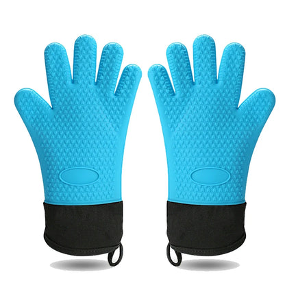 Long Thick Silicone Gloves Heat-resistant Non-slip Microwave Oven Mitts Kitchen BBQ Baking Cooking Canvas Stitching Oven Gloves