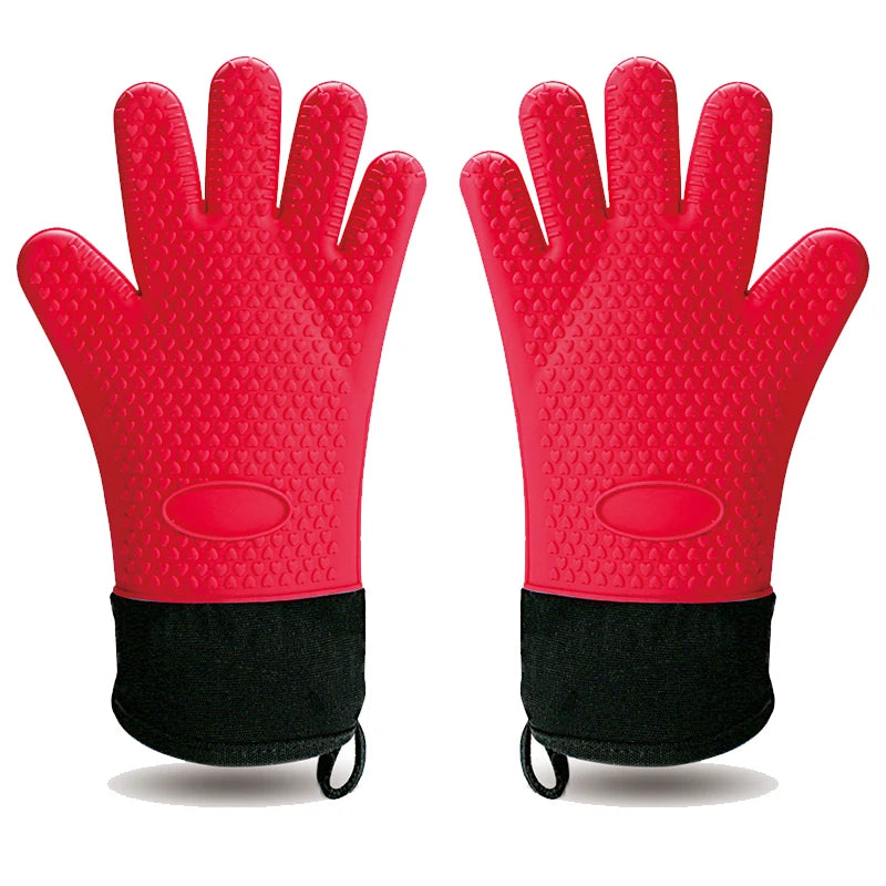 Long Thick Silicone Gloves Heat-resistant Non-slip Microwave Oven Mitts Kitchen BBQ Baking Cooking Canvas Stitching Oven Gloves