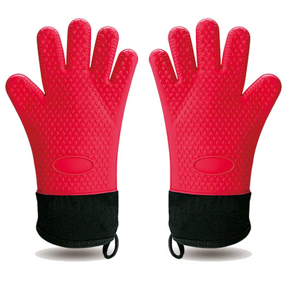 Long Thick Silicone Gloves Heat-resistant Non-slip Microwave Oven Mitts Kitchen BBQ Baking Cooking Canvas Stitching Oven Gloves