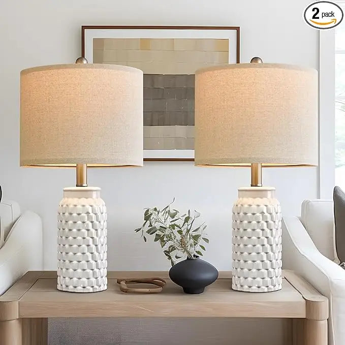 20.5" White Modern Ceramic Bedside Lamp Set of 2 for Bedroom Decor Farmhouse Table Lamp for Living Room Office Dorm