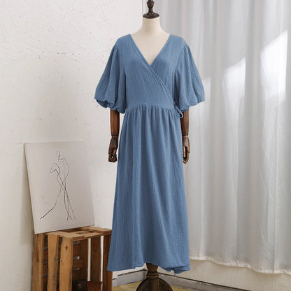 Vintage 100% Cotton Women'S Dress Retro Crepe Gauze V-Neck Puff Sleeve Bandage Lace Up Elegant Dresses For Women Long Maxi Robe