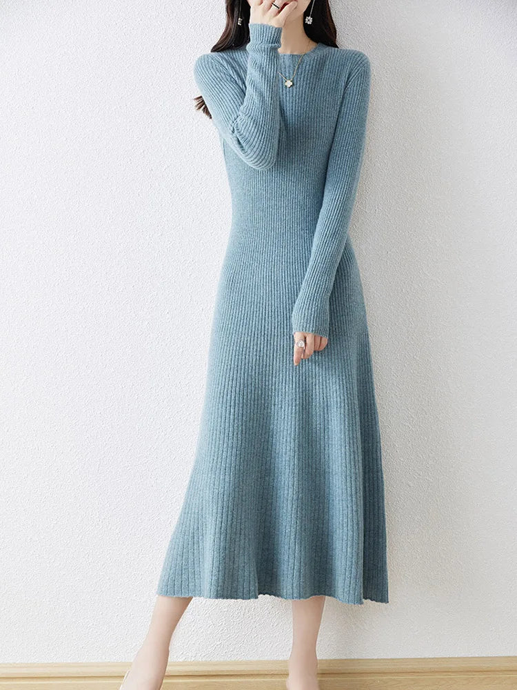 Winter/ Autumn Oneck Female Dresses 100% Wool Knitted Dress For Women New Arrival Long Style 6Colors Jumpers SY01