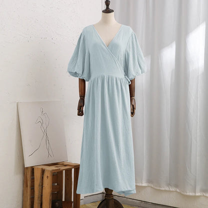 Vintage 100% Cotton Women'S Dress Retro Crepe Gauze V-Neck Puff Sleeve Bandage Lace Up Elegant Dresses For Women Long Maxi Robe