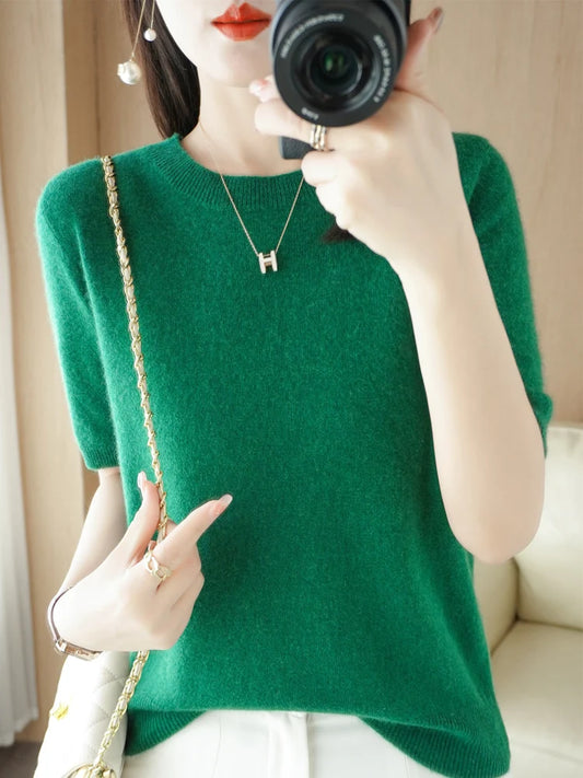 New Short-sleeved Knitwear Women O-neck T-shirt Wool Cotton Blend Pullover Vest Sprig Summer Bottoming Tops Sweater Solid Soft