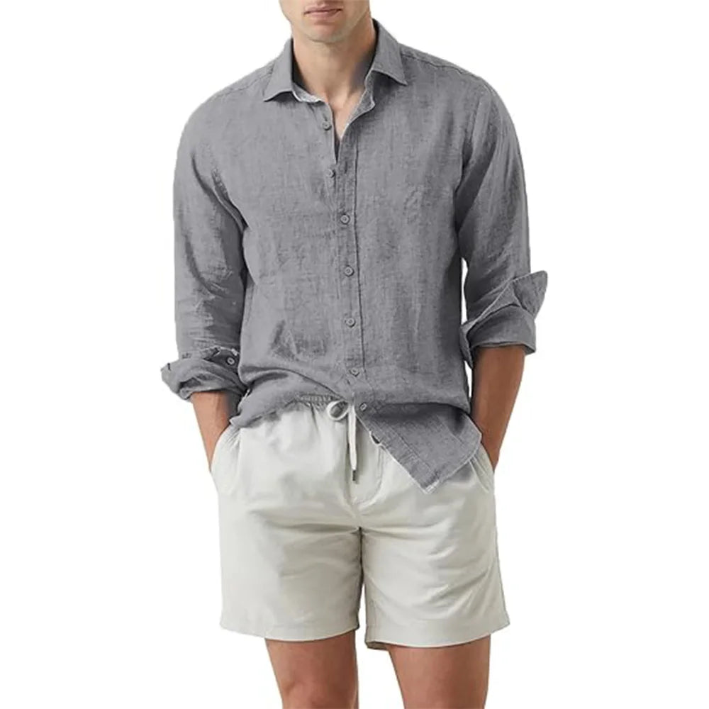 Summer Shirt Beach Cotton Linen Shirts Men Cardigan Tops Long Sleeved Turn Down Collar Slim Fit Large Size