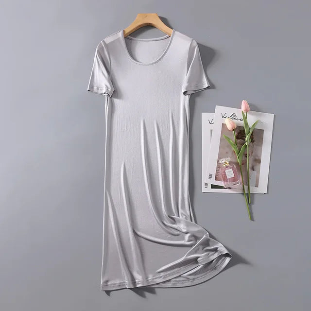 Women's 50% Silk 50% Viscose Knit Stretchy Short Sleeve Full Slip Sleepwear Nightgown Nightdress XS327