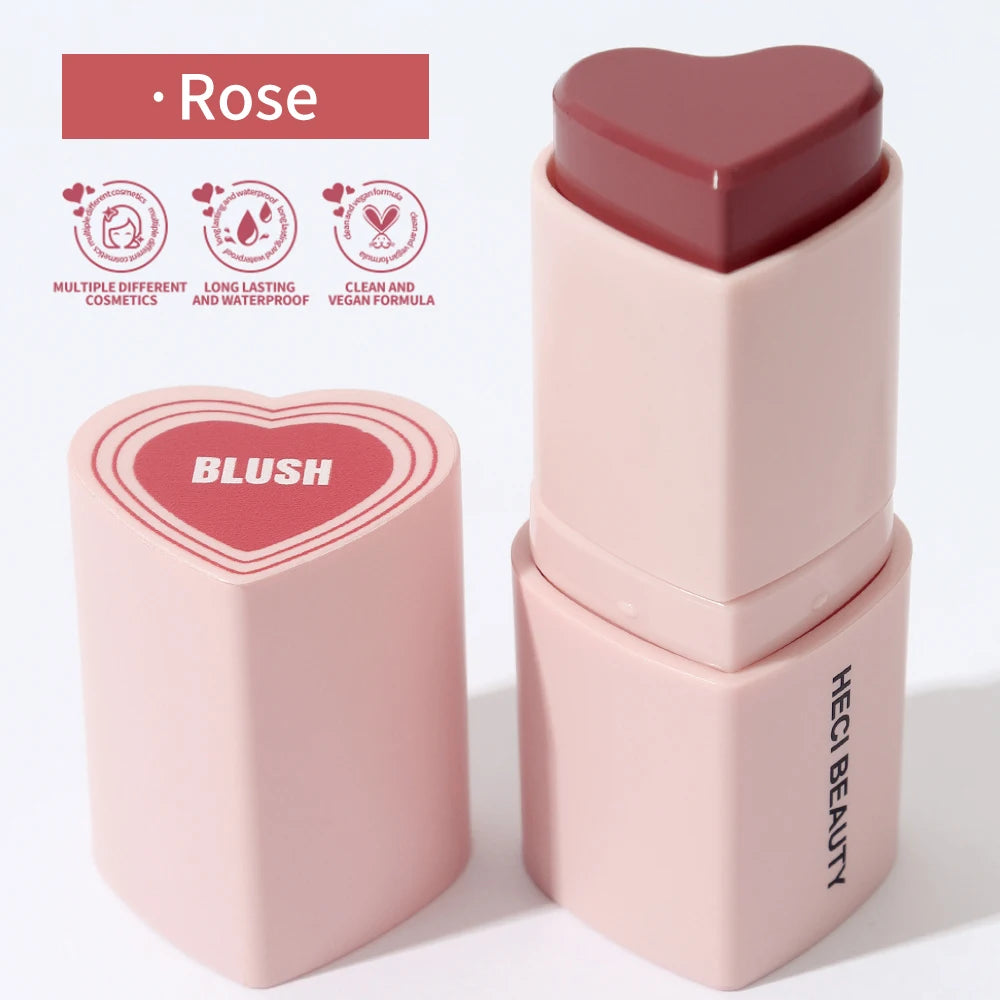 Heart Shape Vegan Creamy Blush Stick Matte Silky Waterproof Pink Blush Cream Makeup Stick High Pigment 3in1 Lip Eye Cheek Tint