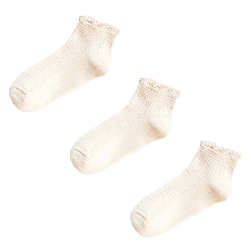 3 Pairs Fashion Lace Ruffles Soft Cotton Women Socks Solid Spring Summer Cute Sweet Princess Girl Cozy Lovely Frilled Socks