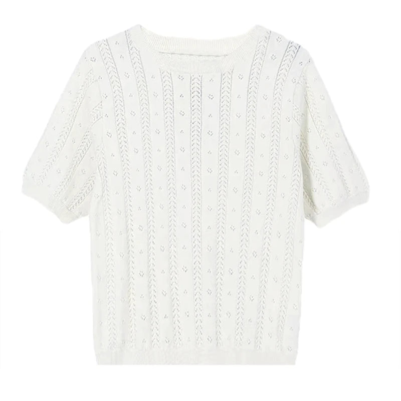 100% Cotton Women Hollow-out Sweater T-shirt New Summer Fashion Short-sleeve O-Neck Pullover Tees Korea Casual Knitted Tops