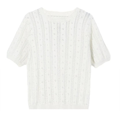 100% Cotton Women Hollow-out Sweater T-shirt New Summer Fashion Short-sleeve O-Neck Pullover Tees Korea Casual Knitted Tops