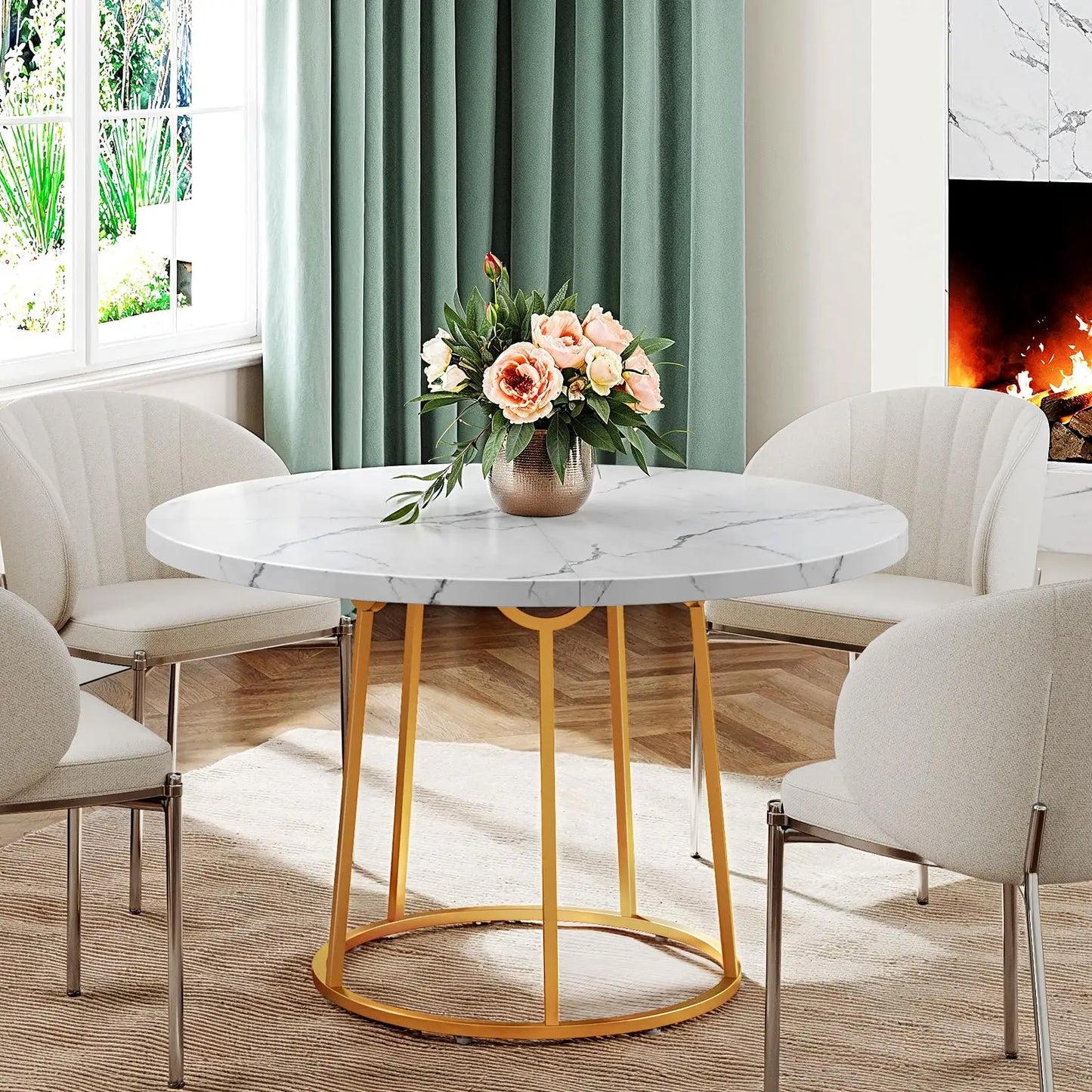 Round Dining Table 47.24 Inch Kitchen Table for 4 People Wooden Marble Pattern Dinner Room Table with Gold Base for Home Room