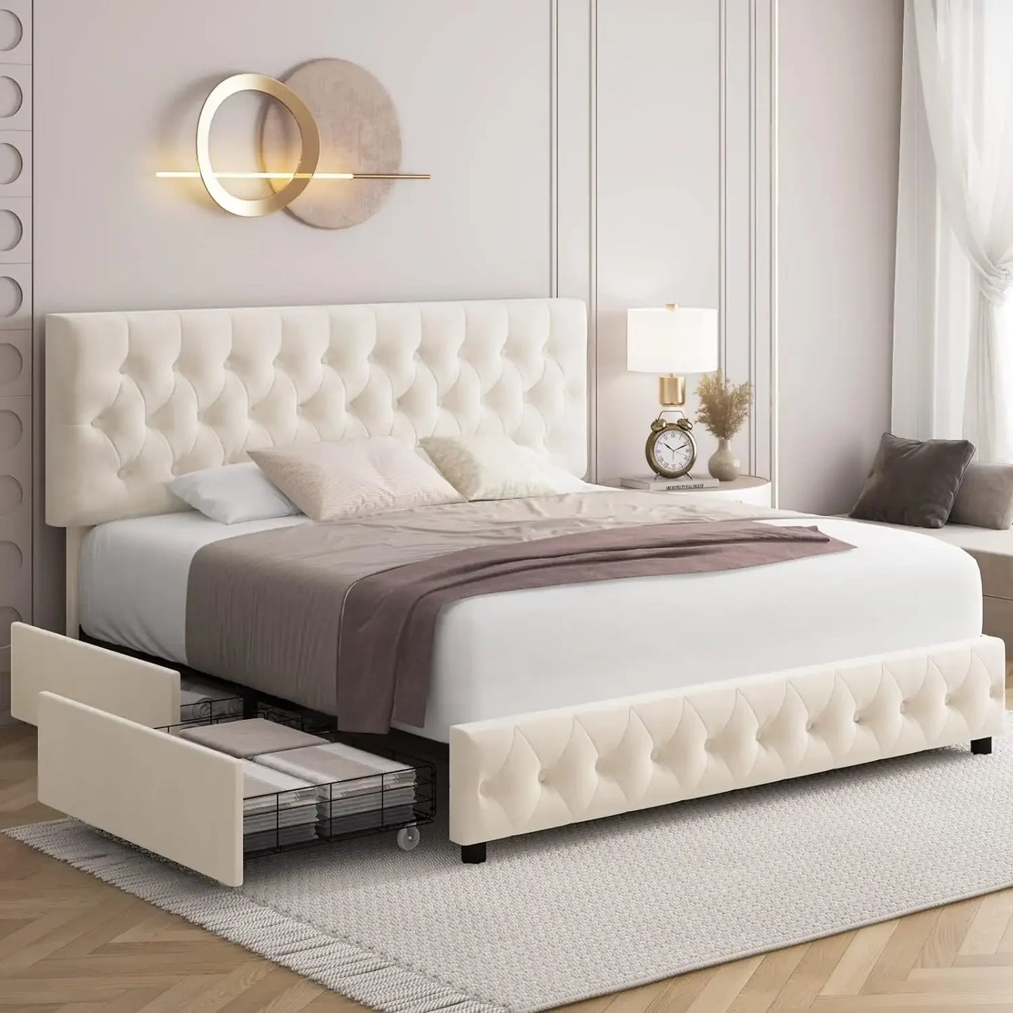 Queen Size Bed, with 4 Storage Drawers, Faux Leather Platform Bed, Solid Wood Slat Support, Modern Upholstered Bed