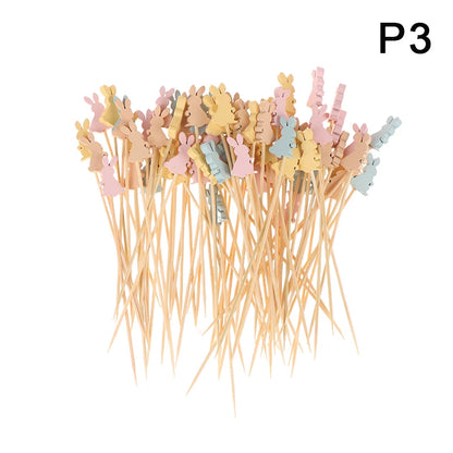 100pcs Easter Disposable Bamboo Skewers Rabbit Eggs Food Picks Fruit Fork Sandwich Buffet Stick Easter Decoration 2024 Birthday