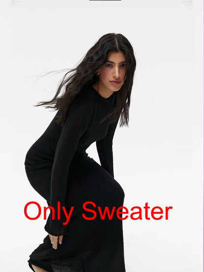 Hirsionsan Spring Autumn O-Neck Elastic Knit Long Dresses Women Elegant Chic Soft Lady Hollowing Sweater Dresses Femme New