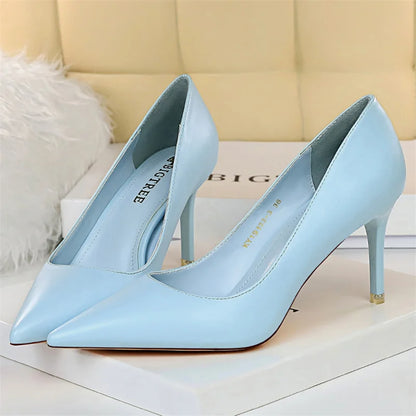 Women 7.5cm 10.5cm High Heels Pumps Lady Wedding Bridal Scarpins Low Heels Plus Size Party Blue Pink Shoes