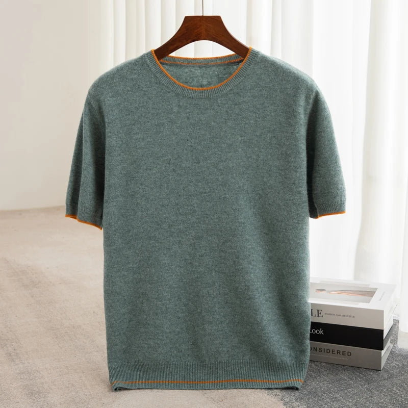 Men's T-shirt Summer New Knitted Tank Top Fashion Color Block Round Neck Pullover Sweater 100% Pure Wool Short sleeved