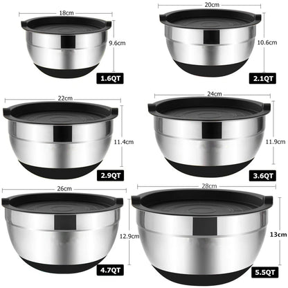 LMETJMA 6 Pcs Mixing Bowls with Lids and Non Slip Bases Stainless Steel Mixing Bowls Set for Baking Nesting Storage Bowls JT227