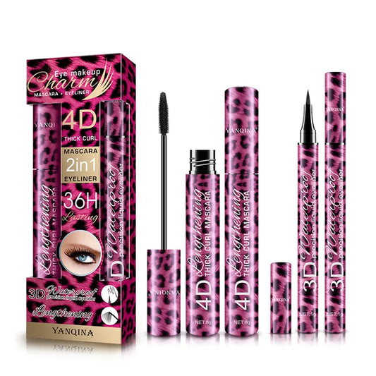 Eyeliner 36-Hour Lasting Curling +4D Fiber Mascara Elongate Eyelashes Leopard Print Black Mascara Waterproof Eye Makeup Cosmetic