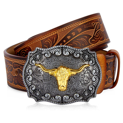 Western Embossed Genuine Leather Men Belts Golden Cowboy Longhorn Bull Pattern Floral Engraved Buckle Belt For Men Free Shipping