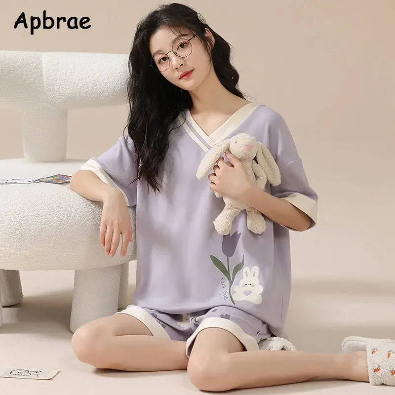 Women 100% Cotton High Quality Pajamas Short Sleeve Shorts Summer Pijamas Fashion Sleepwear Kawaii Bear Home Clothing Nightwear