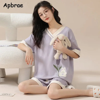 Women 100% Cotton High Quality Pajamas Short Sleeve Shorts Summer Pijamas Fashion Sleepwear Kawaii Bear Home Clothing Nightwear