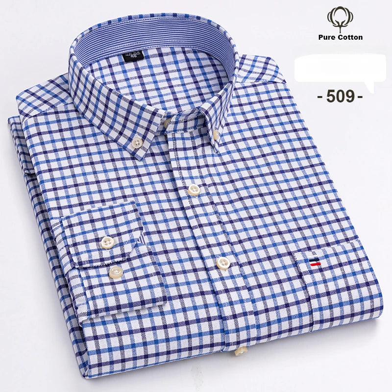 Large size 7XL100%cotton shirts for men Oxford plain Shirt quality oversized Long sleeve slim fit tops striped plaid clothing