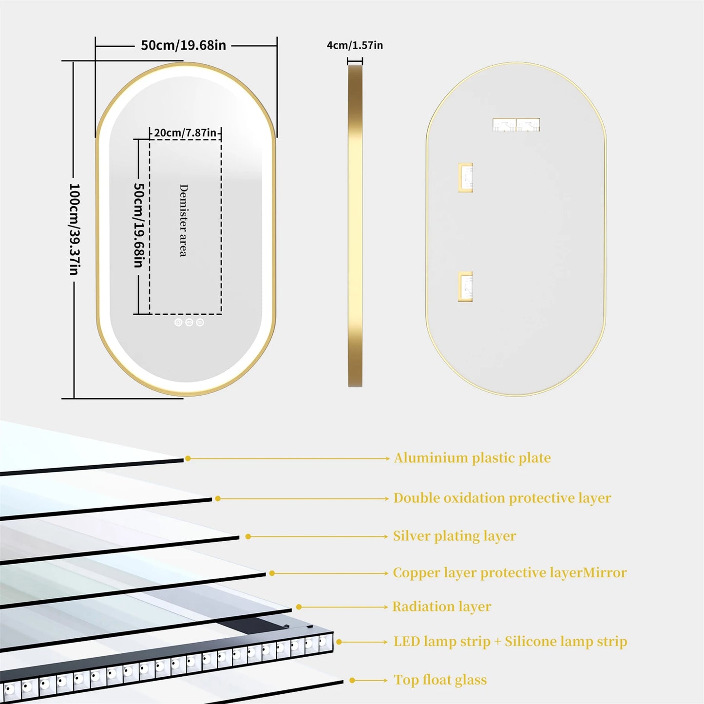 Gold Frame Oval Bathroom Mirror LED Lighted Anti-Fog Smart Vanity Mirror Anti-fog Dimmable Illuminated Innovative Makeup Mirror