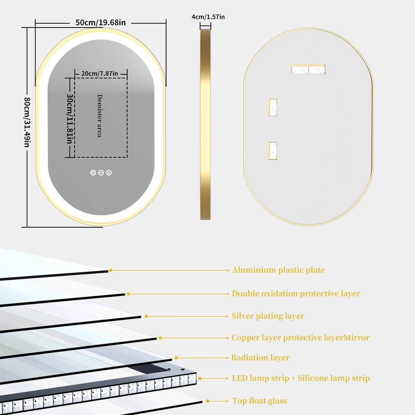 Gold Frame Oval Bathroom Mirror LED Lighted Anti-Fog Smart Vanity Mirror Anti-fog Dimmable Illuminated Innovative Makeup Mirror