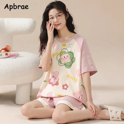 Women 100% Cotton High Quality Pajamas Short Sleeve Shorts Summer Pijamas Fashion Sleepwear Kawaii Bear Home Clothing Nightwear