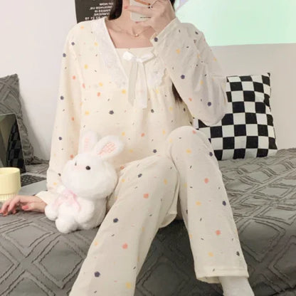 Postpartum woman lactation pajamas set autumn nursing leisurewear cartoon pregnant maternity breastfeeding tops long trousers