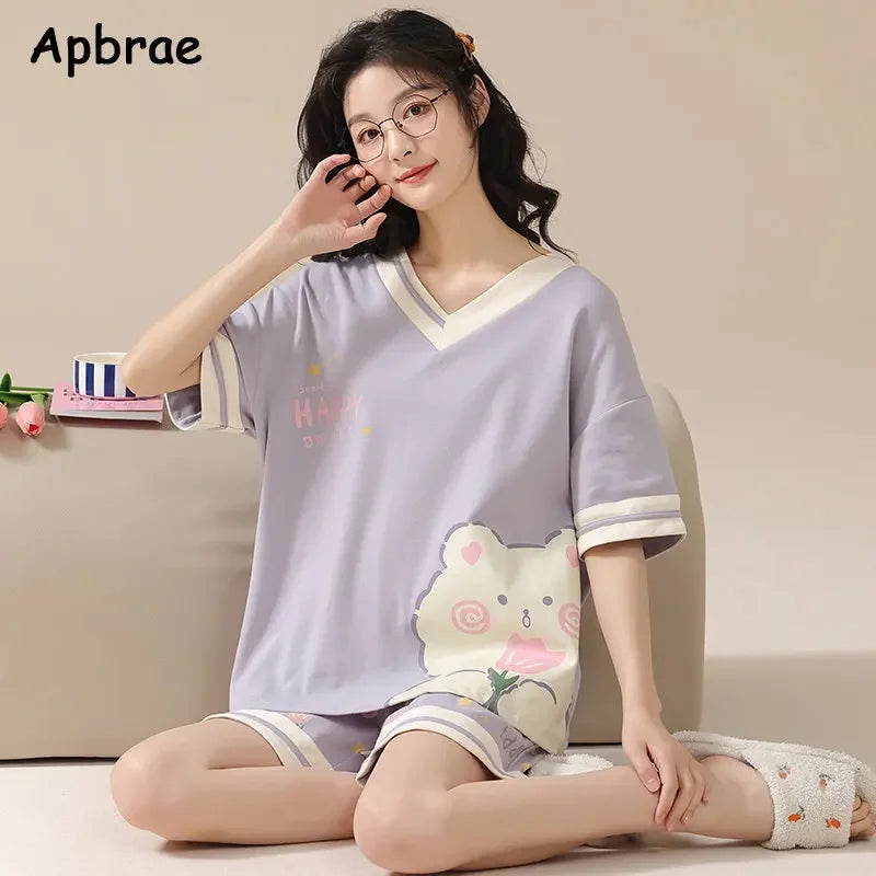 Women 100% Cotton High Quality Pajamas Short Sleeve Shorts Summer Pijamas Fashion Sleepwear Kawaii Bear Home Clothing Nightwear