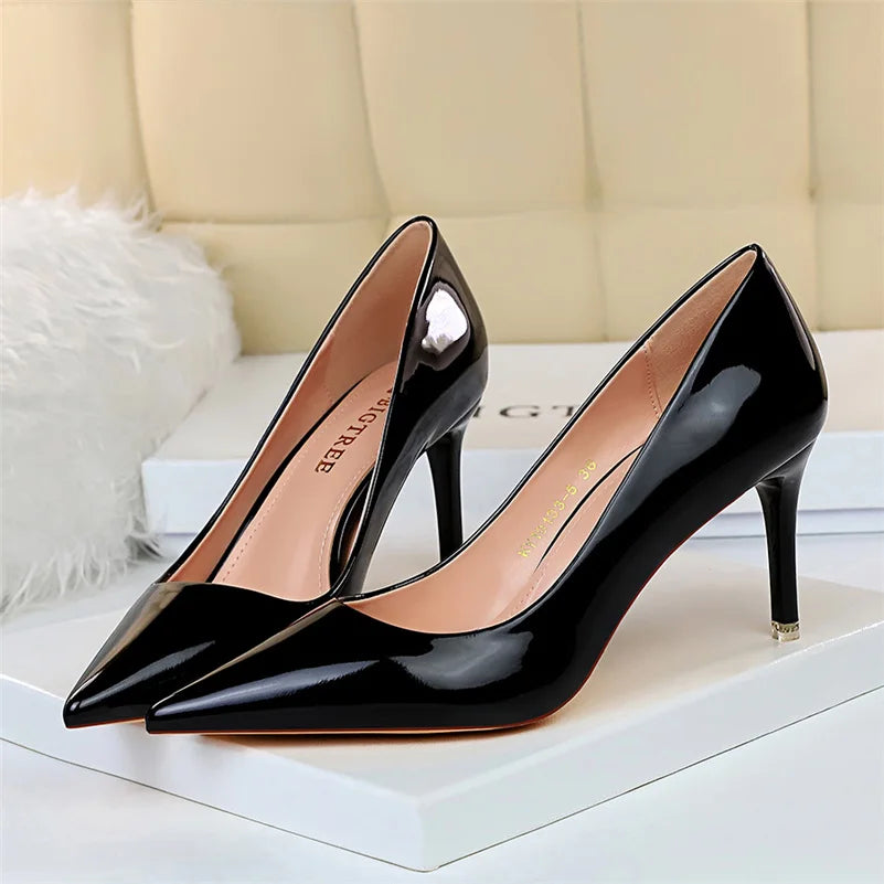 Women Patent Leather Pumps 7.5cm 10.5cm High Heels Lady Stiletto Low Heels Wedding Bridal Mteallic Silver Gold Sparkly Shoes