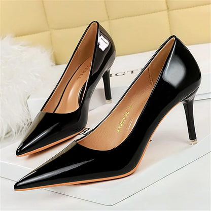 Women 7.5cm 10.5cm High Heels Wedding Bridal Classic Pumps Lady Scarpins Metallic Leather Low Heels Stiletto Nude Office Shoes