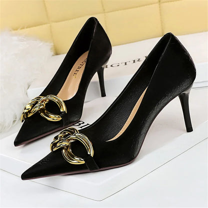 Women 7.5cm 9.5cm High Heels Escarpins Pumps Lady Metal Chain Low Heels Nightclub Slim Fit Party Green Office Prom Shoes