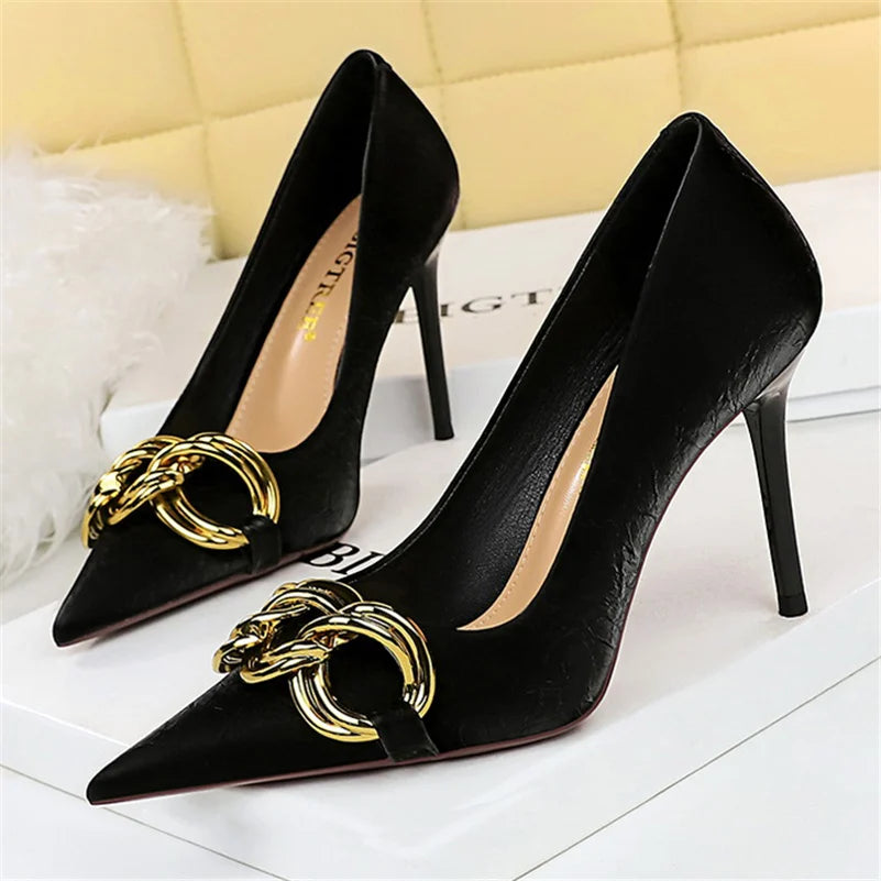 Women 7.5cm 9.5cm High Heels Escarpins Pumps Lady Metal Chain Low Heels Nightclub Slim Fit Party Green Office Prom Shoes