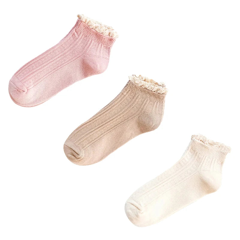 3 Pairs Fashion Lace Ruffles Soft Cotton Women Socks Solid Spring Summer Cute Sweet Princess Girl Cozy Lovely Frilled Socks