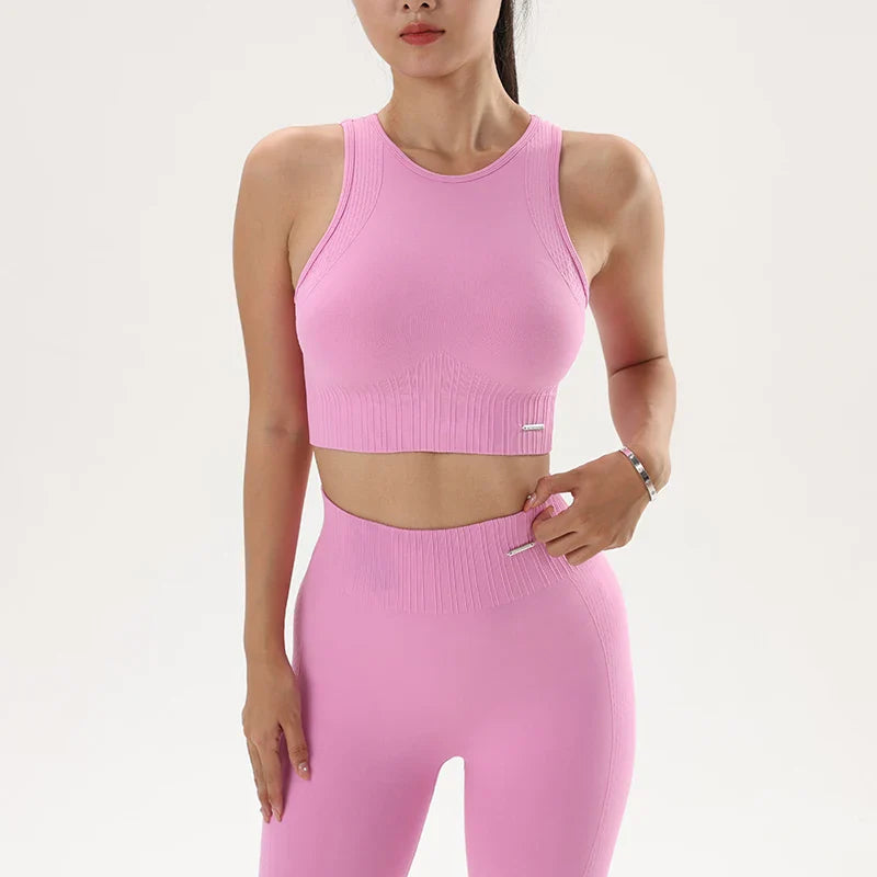 Women's High Waisted Leggings and Top Two Piece Seamless Fitness Set