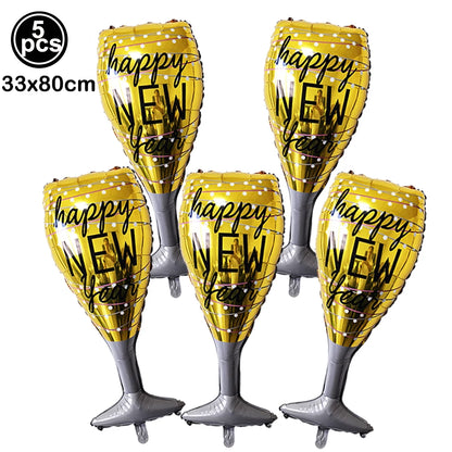 New Year Theme Party Decor Wine Bottle Wine Glass Whiskey Microphone Star Balloon Happy New Year Party Scene Decoration Supplies