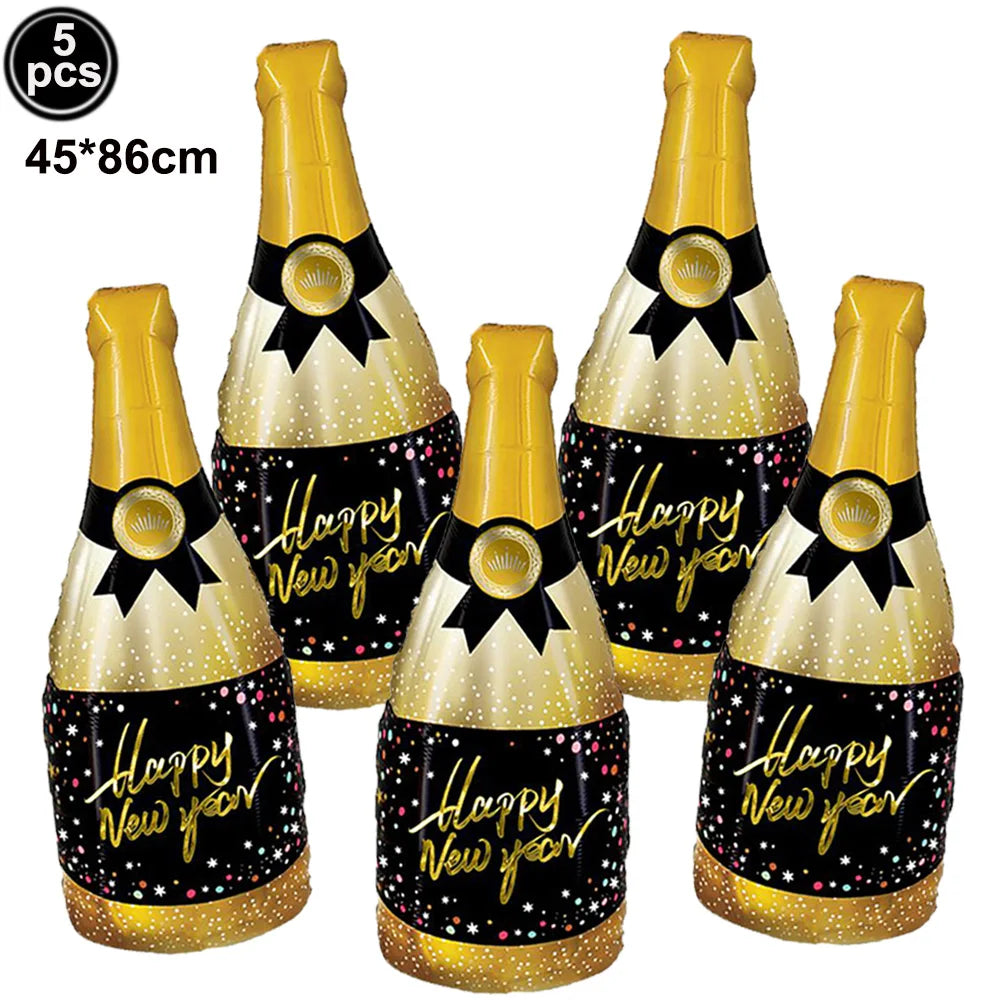 New Year Theme Party Decor Wine Bottle Wine Glass Whiskey Microphone Star Balloon Happy New Year Party Scene Decoration Supplies