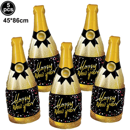 New Year Theme Party Decor Wine Bottle Wine Glass Whiskey Microphone Star Balloon Happy New Year Party Scene Decoration Supplies