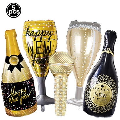 New Year Theme Party Decor Wine Bottle Wine Glass Whiskey Microphone Star Balloon Happy New Year Party Scene Decoration Supplies