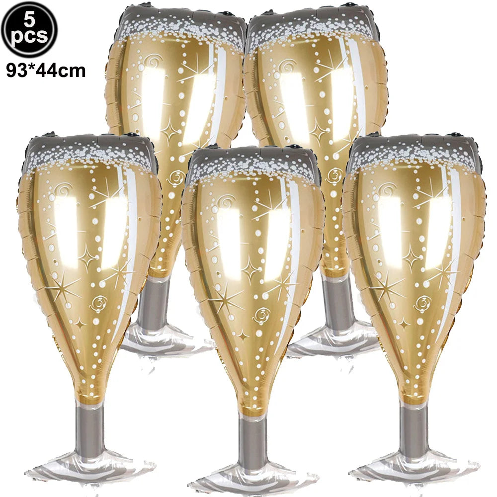 New Year Theme Party Decor Wine Bottle Wine Glass Whiskey Microphone Star Balloon Happy New Year Party Scene Decoration Supplies