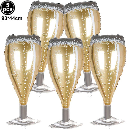 New Year Theme Party Decor Wine Bottle Wine Glass Whiskey Microphone Star Balloon Happy New Year Party Scene Decoration Supplies